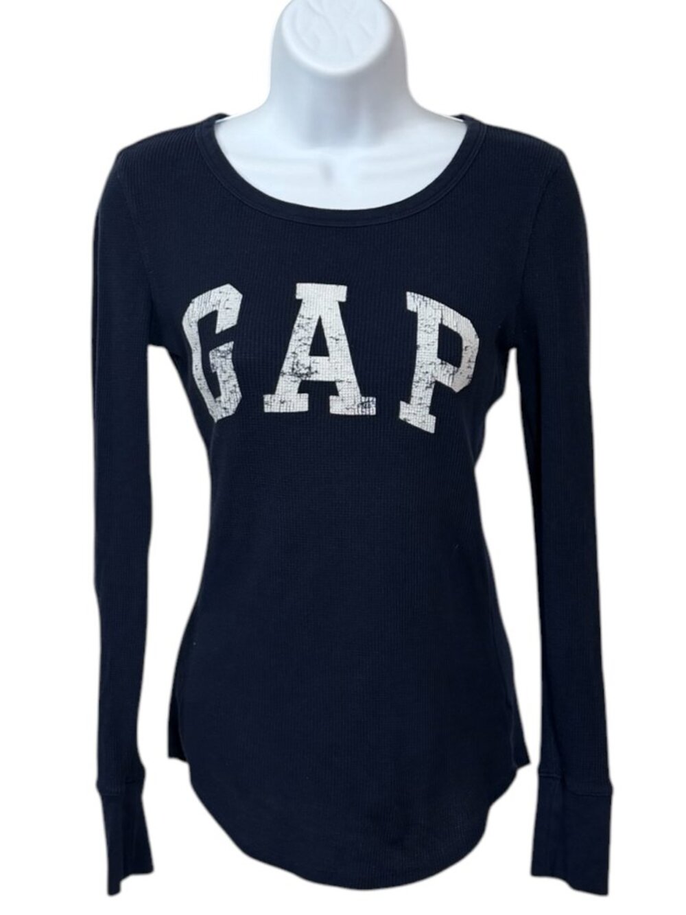 Gap Vintage Soft Waffle Knit Thermal top XS Navy Blue Distressed Logo Long Sleev